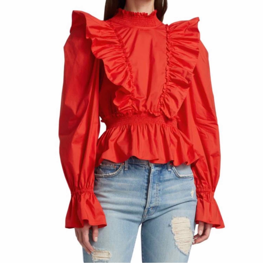 Sea Red Ruffled Long-Sleeve Peplum Top